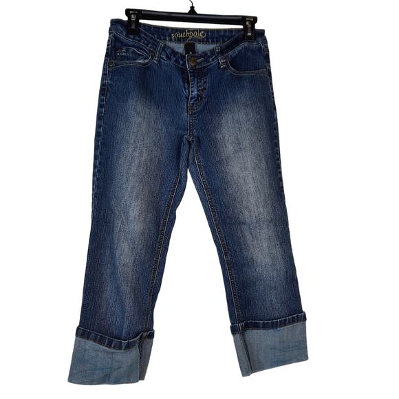 SOUTHPOLE WOMENS 9 BLUE DENIM CAPRI‎ CUFFED EMBELLISHED CITY HIP HOP FESTIVAL - Picture 3 of 8